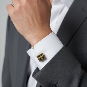 Vintage Hickok USA Fleur De Lis Cufflinks Black Enamel Gold Plated